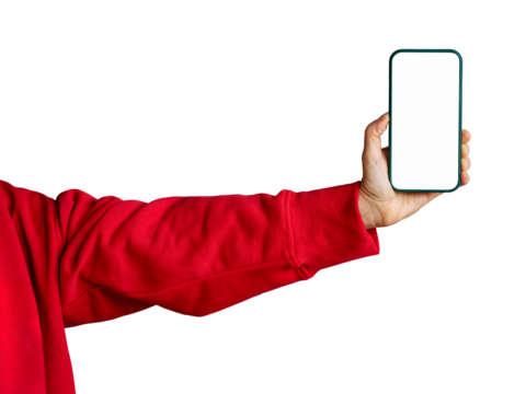 Cutout smartphone with blank screen held in female hands wearing red sweatshirt - Powered by Adobe