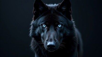 Fototapeta premium black wolf with blue eyes in front of camera on dark background