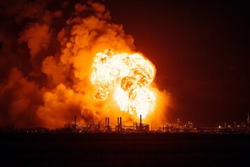 Fototapeta premium Massive explosion lights up the night sky over industrial landscape in fiery spectacle
