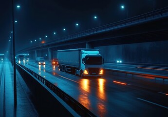 Fototapeta premium A white truck is driving on the highway at night, with a dark blue background and illuminated lights guiding its path