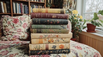 A Stack of Vintage Books on a Floral Couch