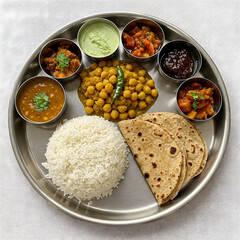 A stainless steel Thali plate holds a colorful array of Indian dishes, including dal, chana masala, raita, rice, and roti