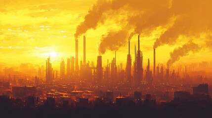 Fototapeta premium Industrial Cityscape Sunset Smog Pollution