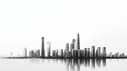 Naklejka premium Black and White City Skyline Reflection During Calm Water Morning