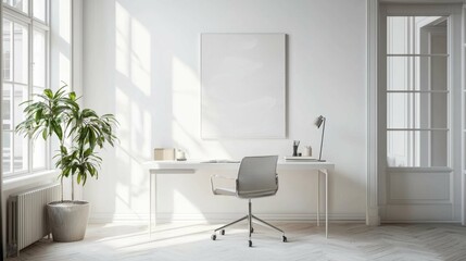 Bright and Minimalist Home Office with Natural Light and Green Plant