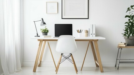 Modern Minimalist Home Office Setup with White Desk and Plant