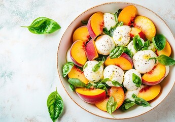 A bowl of peach and mozzarella salad, with peaches sliced in half on top of fresh basil leaves mixed into the salad. 