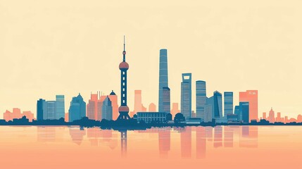 Obraz premium Modern skyline of Shanghai with iconic towers and reflections