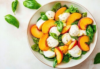 A bowl of peach and mozzarella salad, with peaches sliced in half on top of fresh basil leaves mixed into the salad. 
