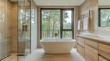 Fototapeta premium Modern Bathroom Interior with Soaking Tub and Large Windows