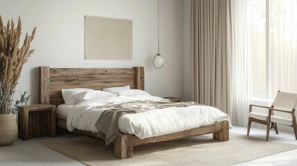 Fototapeta premium Cozy modern bedroom interior with natural wood furniture and decor