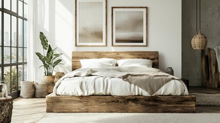 Cozy Minimalist Bedroom with Wooden Bed and Natural Decor Elements