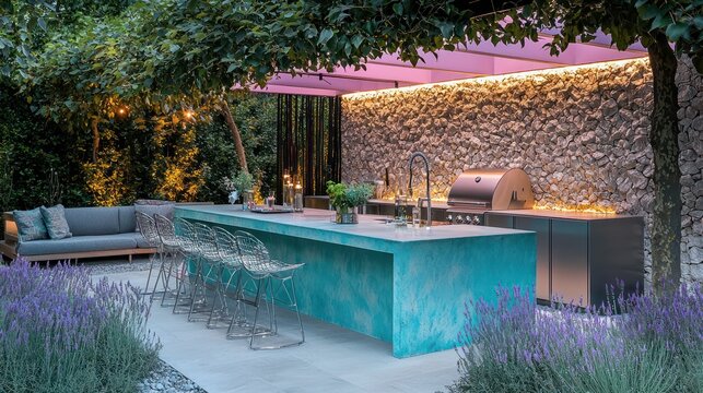 A modern outdoor kitchen featuring smooth coral stone walls and a sleek turquoise island