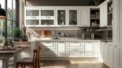 Modern Bright Kitchen Interior With Stylish Cabinets and Table