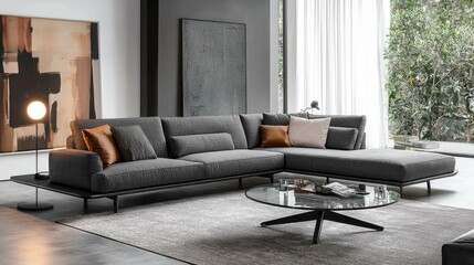 Elegant Modern Living Room with Stylish Gray Sofa and Glass Table