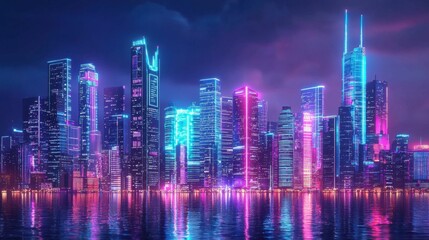 Neon City Skyline at Night with Vibrant Lights and Reflections