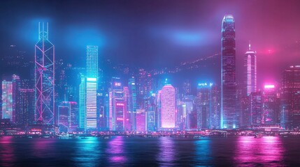 Neon Cityscape Night View of Urban Skyline with Vibrant Lights