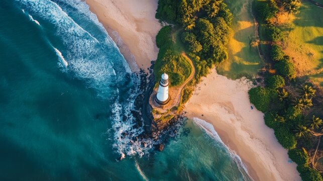 Tranquil beach with a majestic lighthouse in Sri Lanka, inviting you to a serene escape
