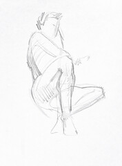 hand-drawn sketch of half-sitting male model