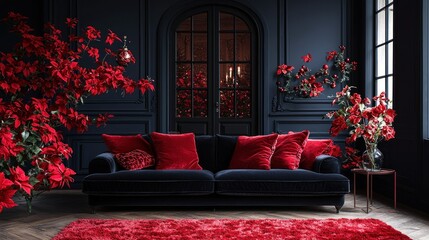 A Luxurious Christmas Living Room Decorated in Deep Red and Navy Blue