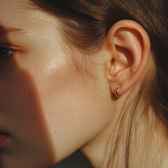 Close-up view of woman's ear in natural light highlighting skin texture and gold earring detail