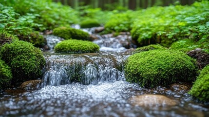 Mossy rocks in a clear stream flowing through lush green forest.