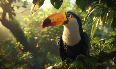Obraz premium Toucan Perched Colorfully in a Jungle Canopy – A Vibrant and Majestic Jungle Bird Moment
