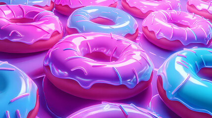 Neon donut dreams: rows of vibrant, frosted donuts glow under neon lights, a sugary paradise in pink and blue. Vaporwave Neon. Illustration
