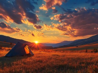 A Lush Grass Field Framed by a Green Grey Camping Tent - Urban Exploration Photography