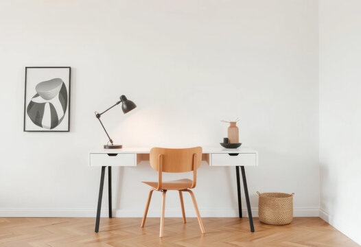 Un dise&ntilde;o interior minimalista de madera con un escritorio, una silla y pintura abstracta en la pared
