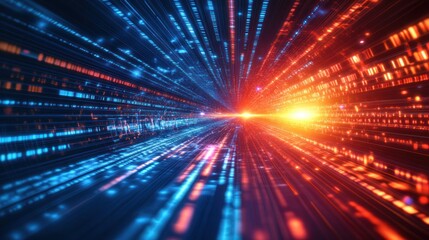 Abstract neon hyperspace tunnel, glowing light trails stretching infinitely