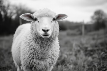 Obraz premium A white sheep in a field, looking at the camera.