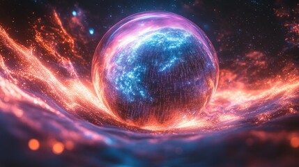 Glowing orb with fiery, icy energy swirls.