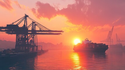 Obraz premium Container Ship at Sunset in a Busy Harbor