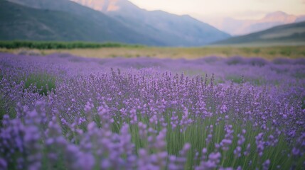 Obraz premium Tranquil Lavender Field Sunset Mountain Landscape