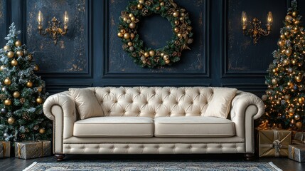 Elegant Christmas Living Room Interior with Cream Sofa, Decorated Trees, and Gold Accents
