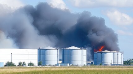 Industrial Storage Tanks Burning Producing Thick Black Smoke