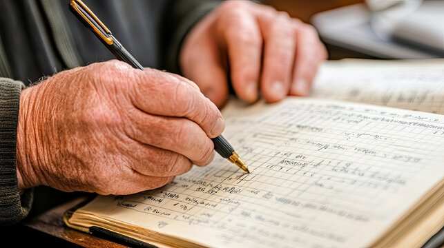 Elderly hands meticulously writing in a ledger
