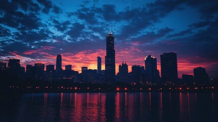 Fototapeta premium Vibrant Sunset Over Chicago Skyline with Reflections in Water