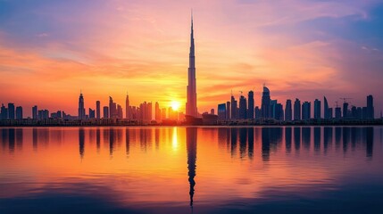 Obraz premium Sunrise Over Dubai Skyline with Reflection in Water at Dusk
