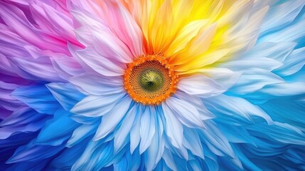 Obraz premium Colorful rainbow flower petals radiate from a central orange pistil in a vibrant digital illustration.