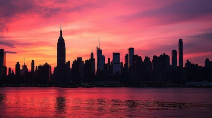 Obraz premium Majestic Sunset Over New York City Skyline With Colorful Hues