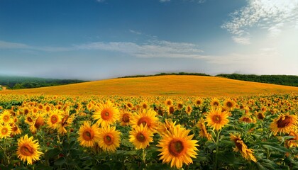 Obraz premium panorama yellow area of vegetation of sunflowers against a mild white sky