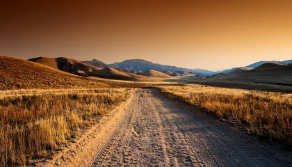 serene geographical region landscape with dirt avenue leading to mountains warm colorations clean sky and peaceful tranquil temper