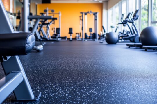 Rubber flooring in a gym with fitness equipment, providing durability, safety, and shock absorption.