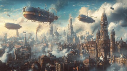 Fototapeta premium Airships Gliding Over a Steampunk Cityscape at Dusk