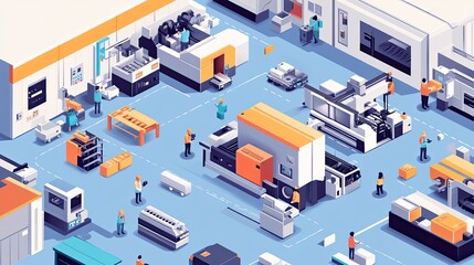 Fototapeta premium Automated Factory Workers Operate Modern Machinery Efficiently