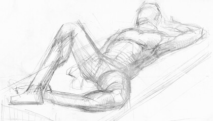 hand-drawn sketch of male model lying on table