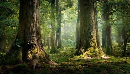 Obraz premium magical myth woodland with massive trees background banner