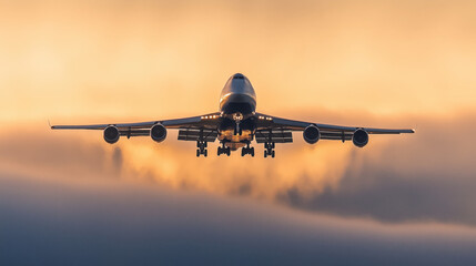 Boeing 747 Flying in the Early Morning, Surrounded by Blurred Clouds and Soft Sunlight Creating a Warm and Serene Atmosphere